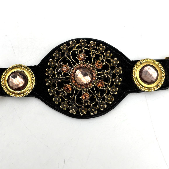 Vintage 80s Ames 9845 Black Suede Gold Medallion Rhinestone Waist Belt L 34\